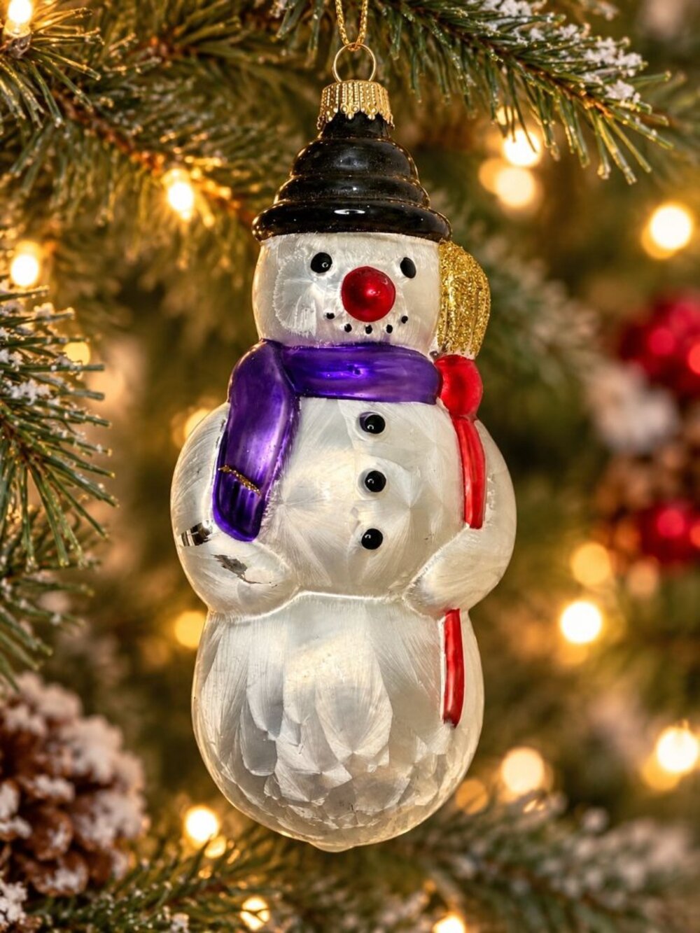 Krebs KC Glass Christmas Ornament Painted Snowman Snow Flocked